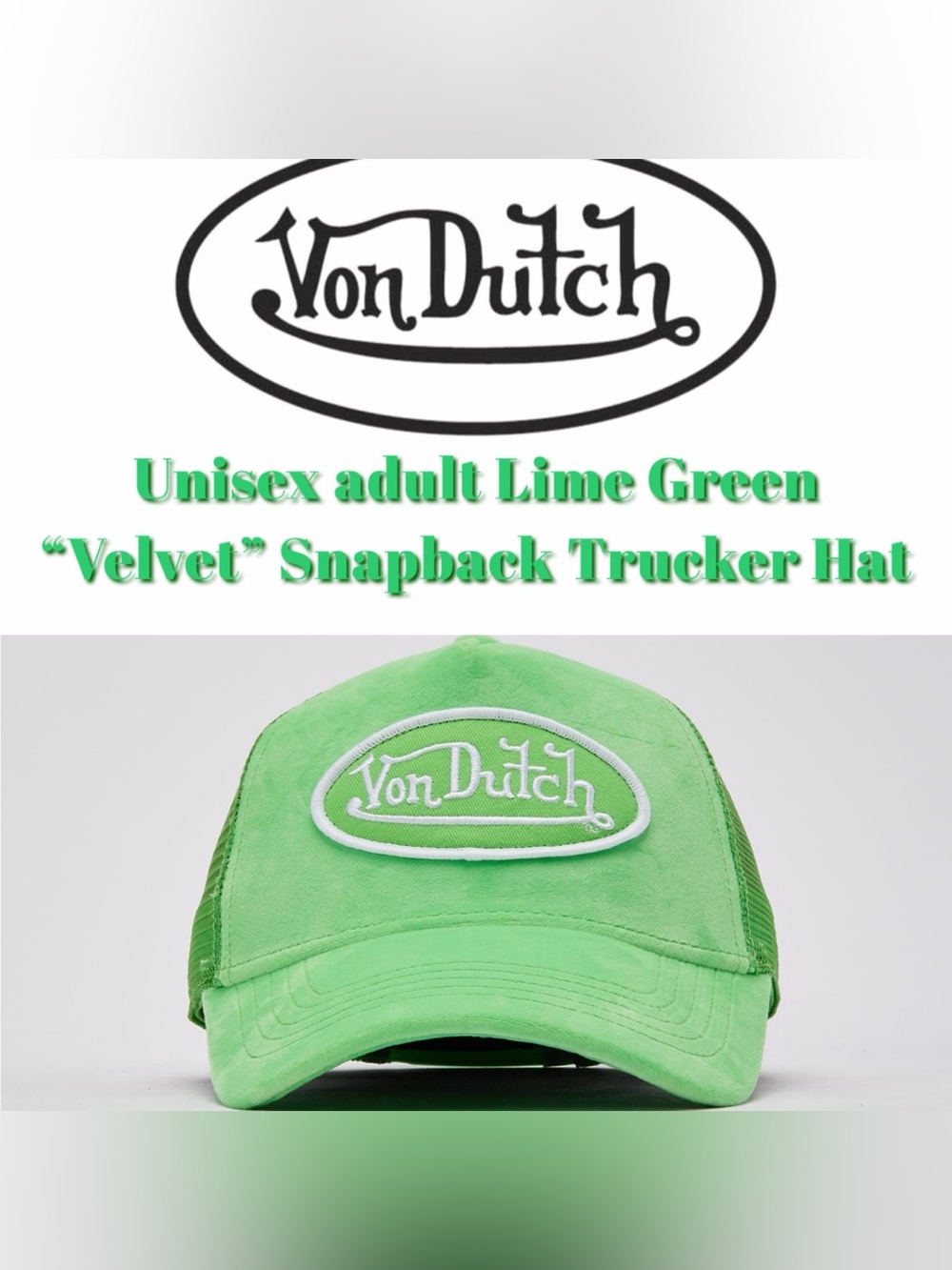Von Dutch - Adult Lime Green Velvet Snapback Trucker Hat - NWT